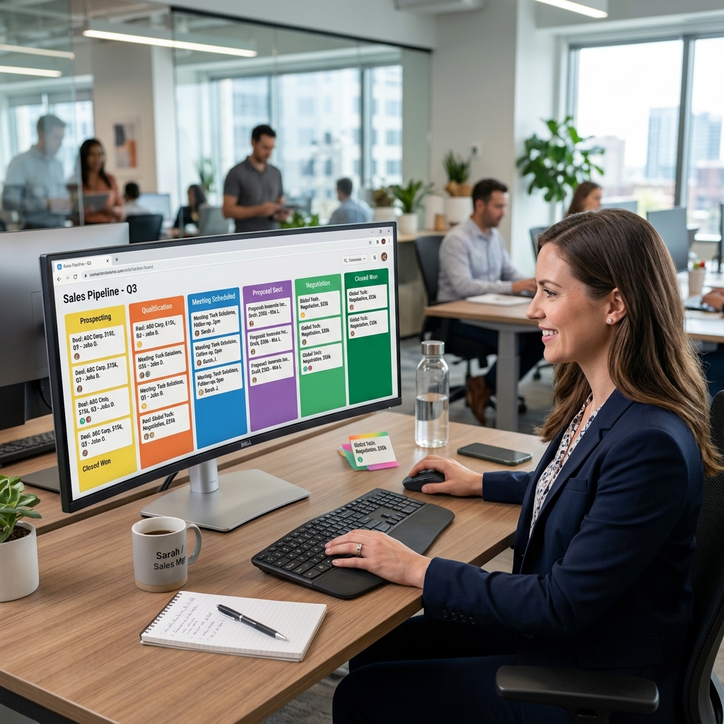 Profissional de vendas usando o sistema CRM Kanban