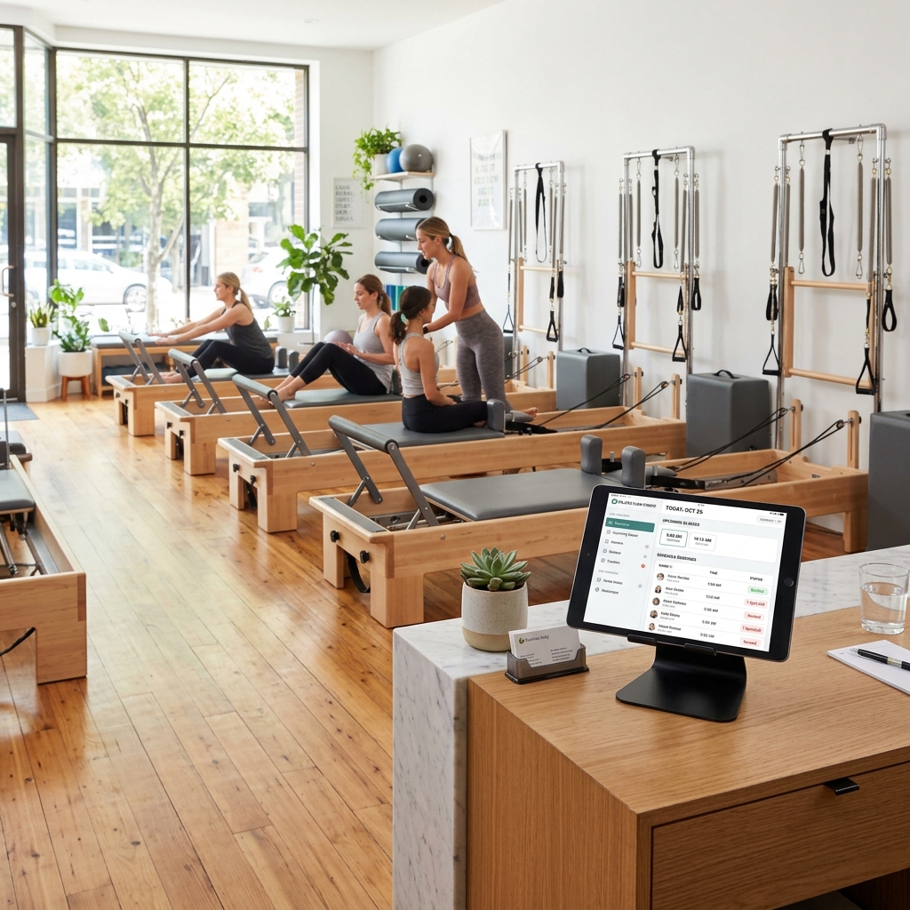 Tablet simulando painel de reservas de estúdio de pilates